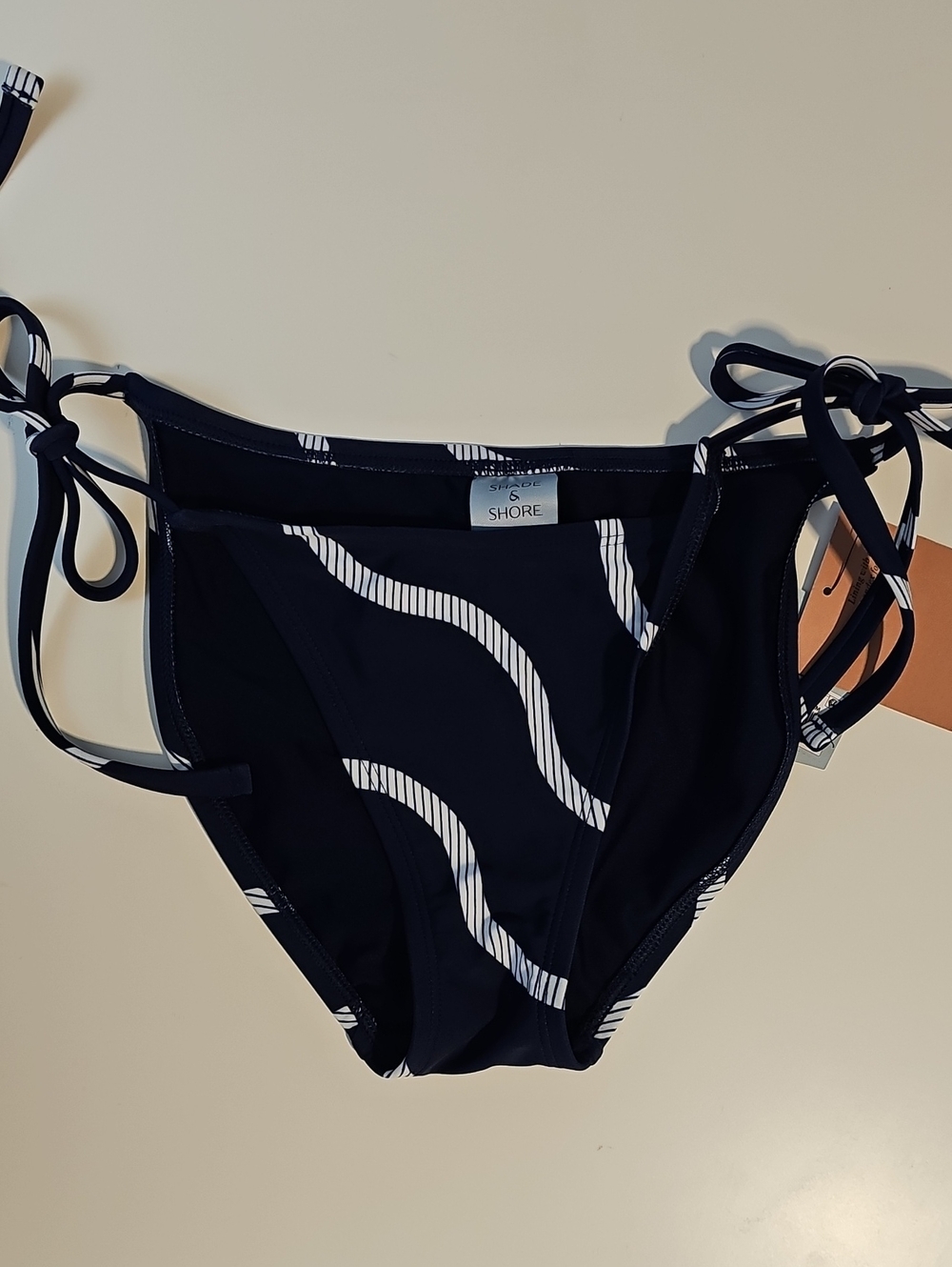 Shade & Shore Women's XS Side-Tie Navy Bikini Bottoms with White Squiggly Stripe
